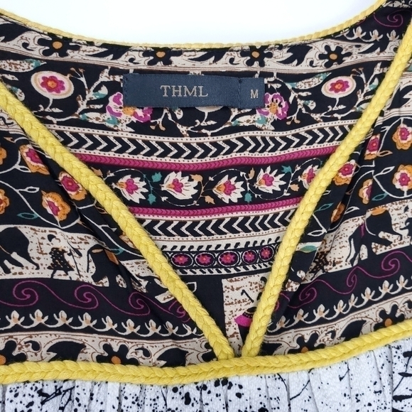 New THML Anthropologie White Blk Boho Yellow Top M - Picture 8 of 12